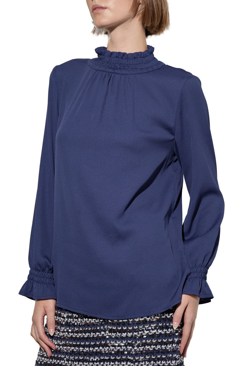 Ming Wang Smocked Trim Crêpe de Chine Charmeuse Top, Main, color, 