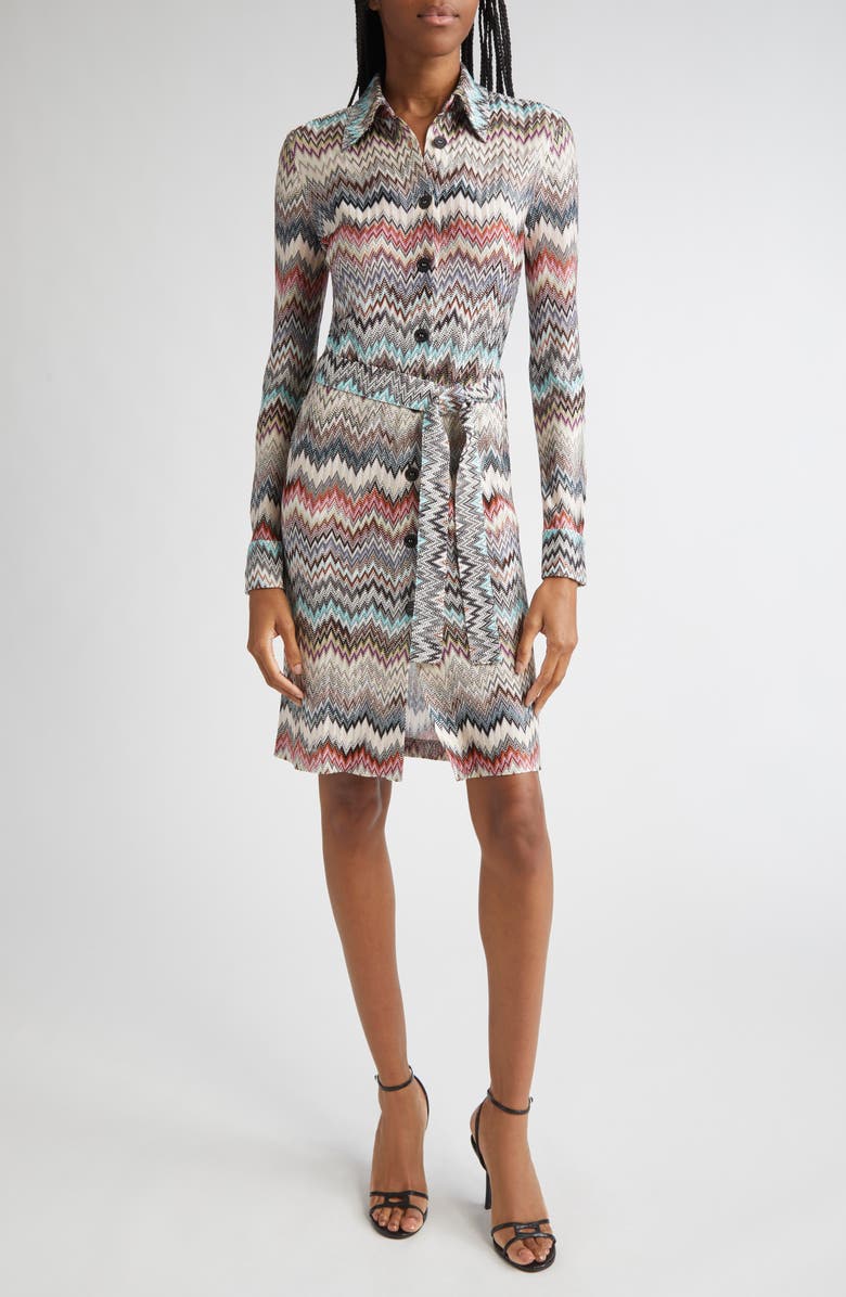 Missoni Zigzag Stripe Belted Long Sleeve Knit Shirtdress, Main, color, Multi Wht Blue Brown