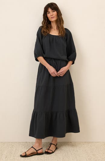 Organic Cotton Coastal Double Gauze Tiered Maxi Skirt