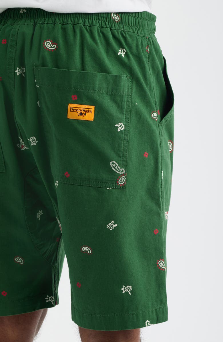 Service Works Paisley Organic Cotton Poplin Drawstring Chef Shorts, Alternate, color, Forest
