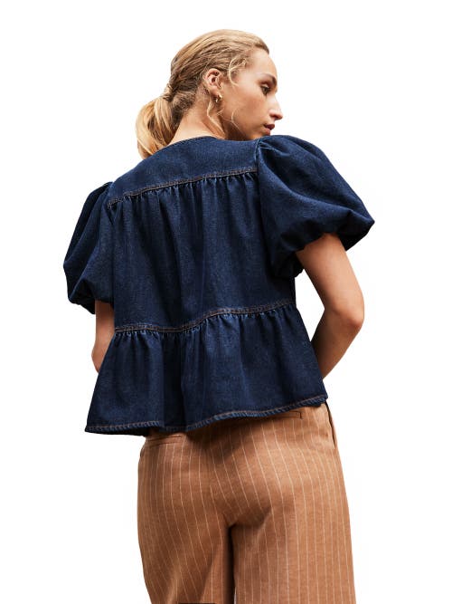 Ro&zo Denim Puff Sleeve Tie Neck Top In Blue
