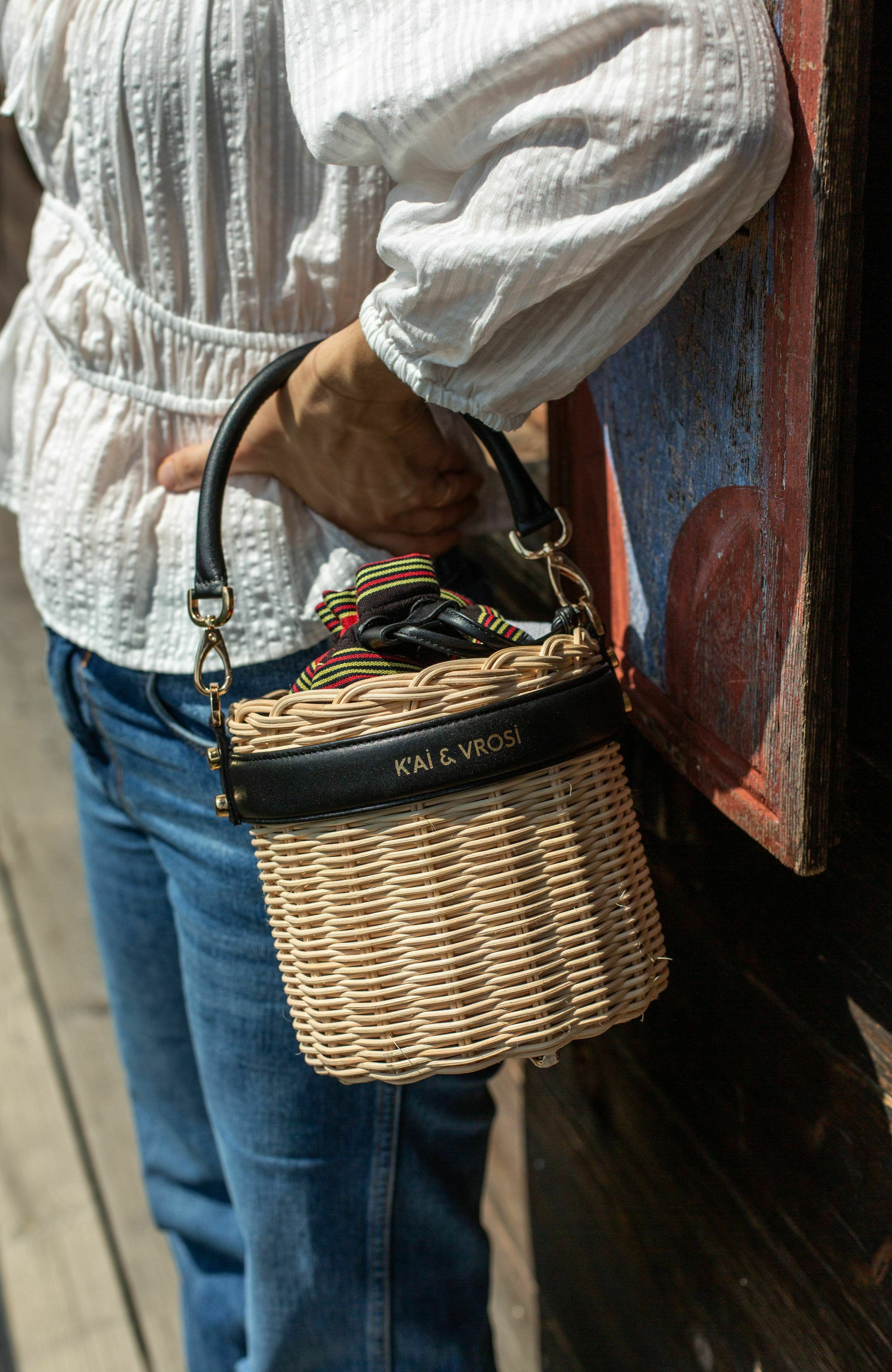 K'ai & Vrosi Leather & Straw Bucket Bag with Drawstring, Alternate, color, Black