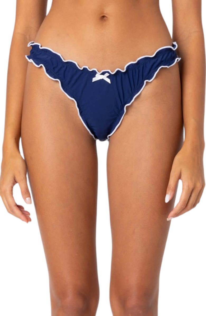 EDIKTED Golden Ruffle Edge Bikini Bottoms, Main, color, Navy