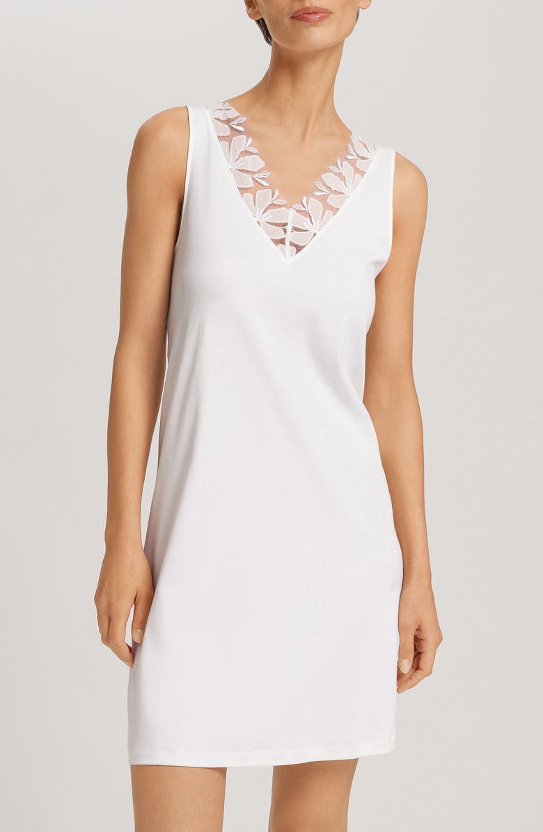 Hanro Kalea Floral Tulle Trim Cotton Chemise, Main, color, Off White