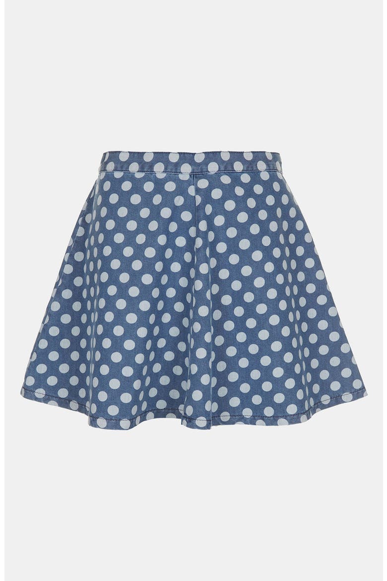 Moto Polka Dot Denim Skater Skirt, Main, color, MID DENIM