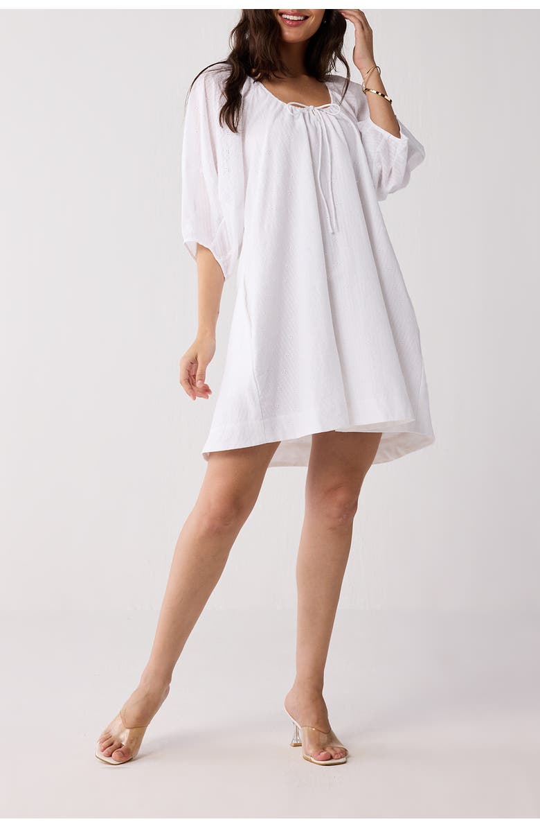 Reistor Puff Sleeved Dress with Drawstring Neckline, Main, color, White