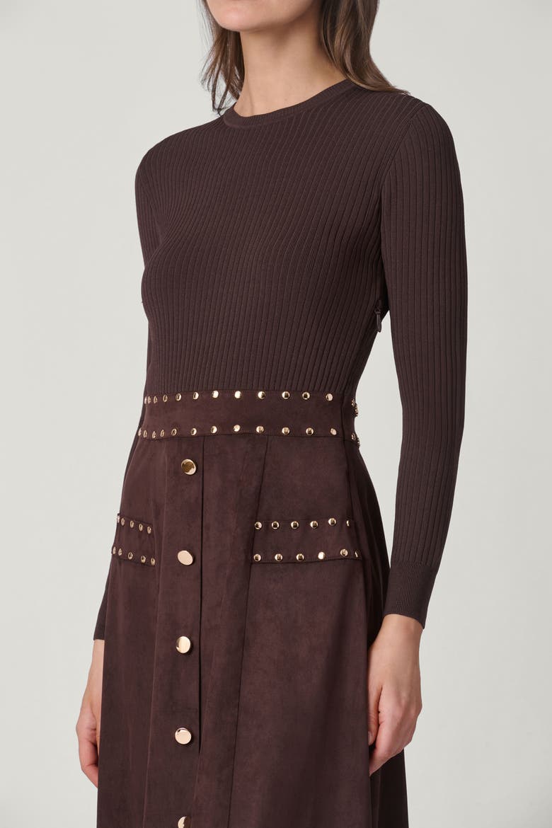 Suede Knit Mixed Media Cleo Dress, Alternate, color, Chocolate