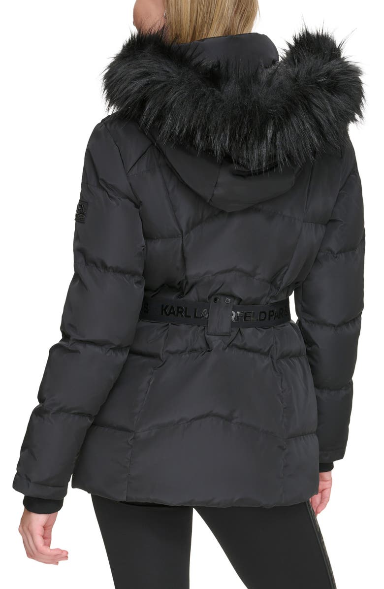KARL LAGERFELD Smocked Belted Ski Puffer Jacket with Faux Fur Hood, Alternate, color, Black