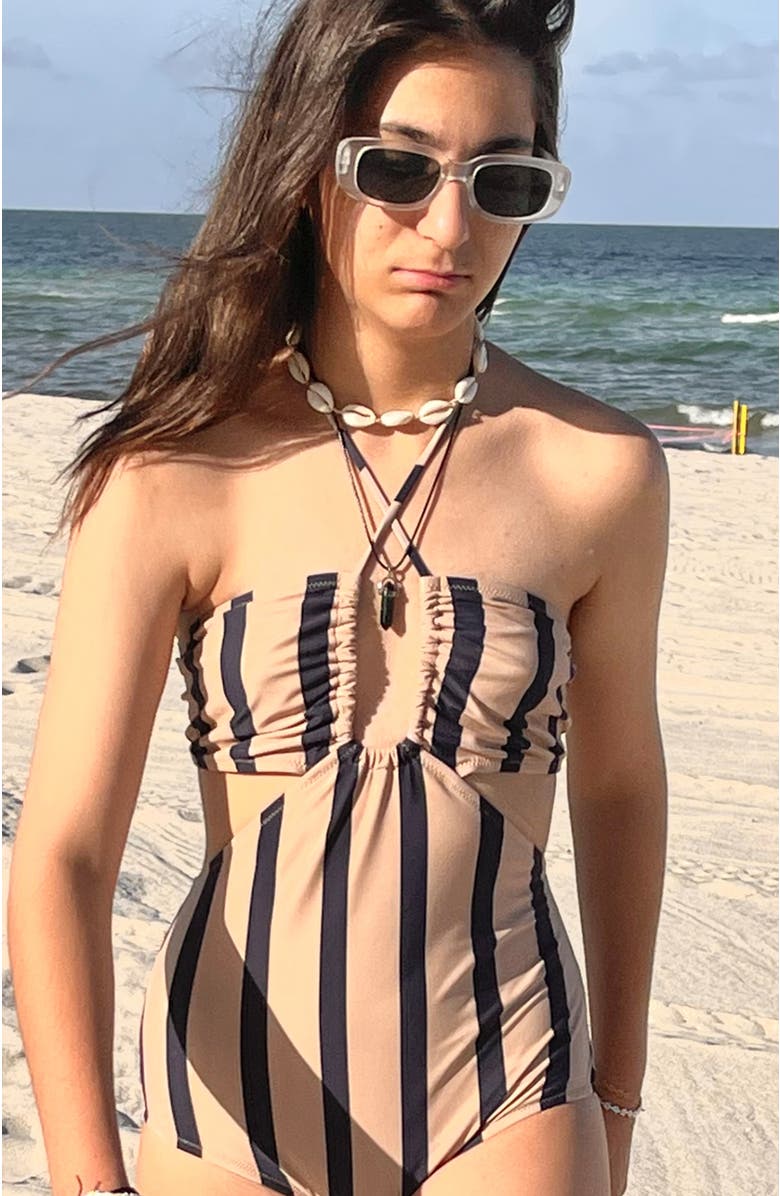 NESSI BYRD Kids' Striped Halter Neck One-Piece Swimsuit, Alternate, color, Beige-Blue