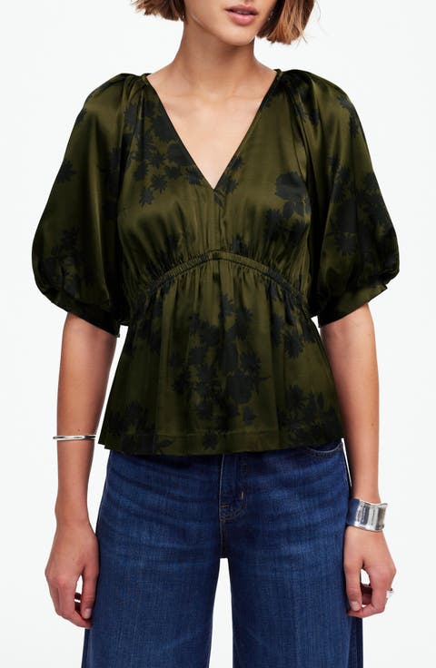 Shirred Puff Sleeve Satin Top