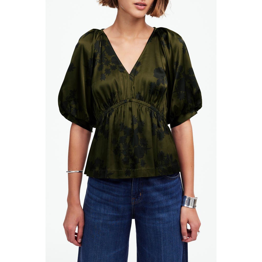 Shop Madewell Shirred Puff Sleeve Satin Top In Mossy Umber