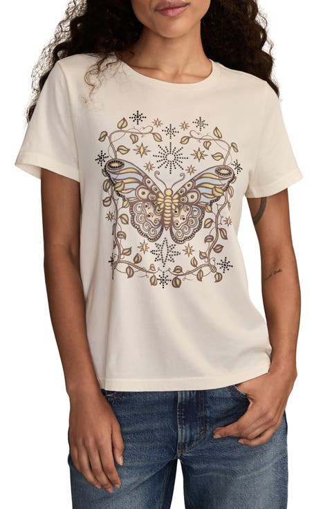 Stud Embellished Butterfly Cotton Graphic T-Shirt