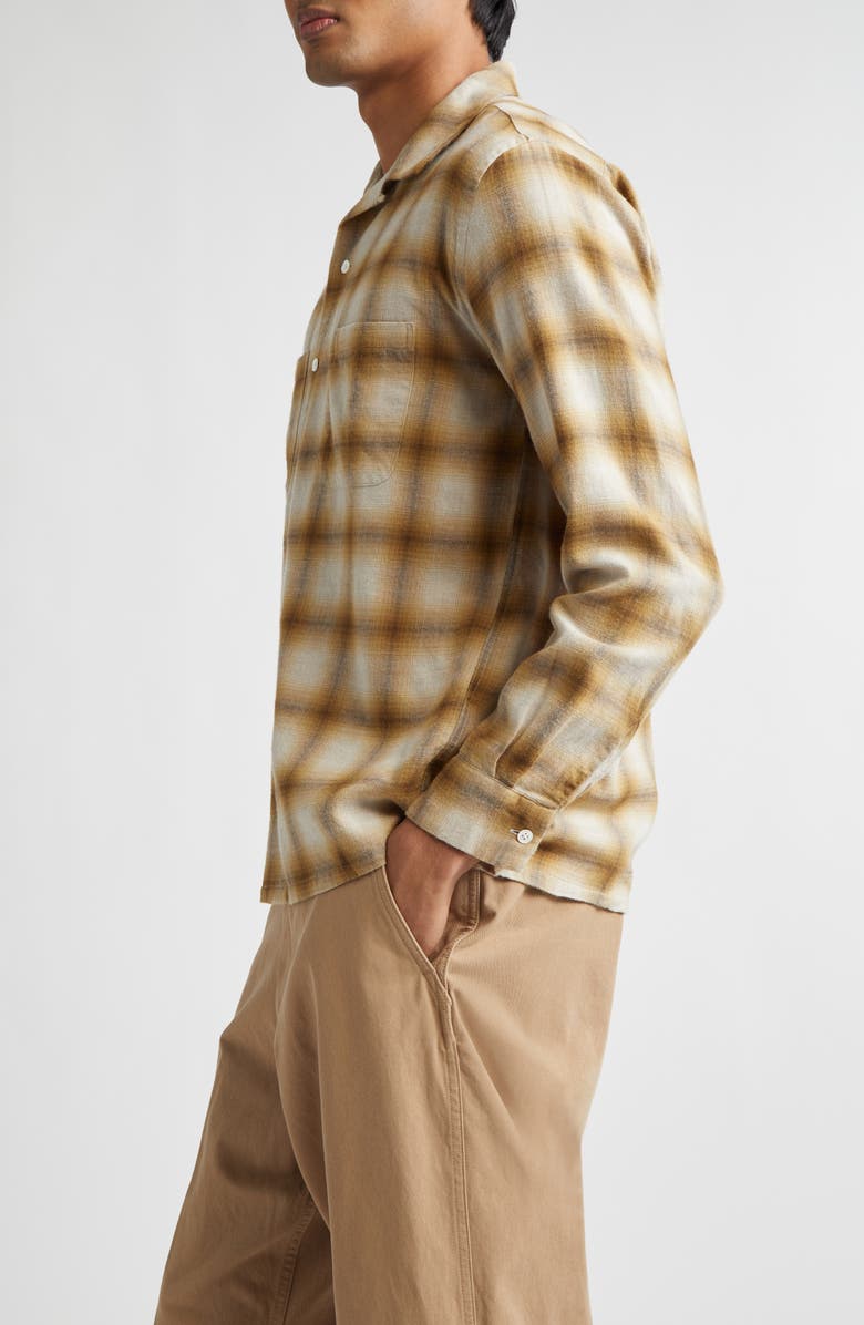 BEAMS Open Collar Ombré Check Brushed Flannel Button-Up Shirt, Alternate, color, Brown