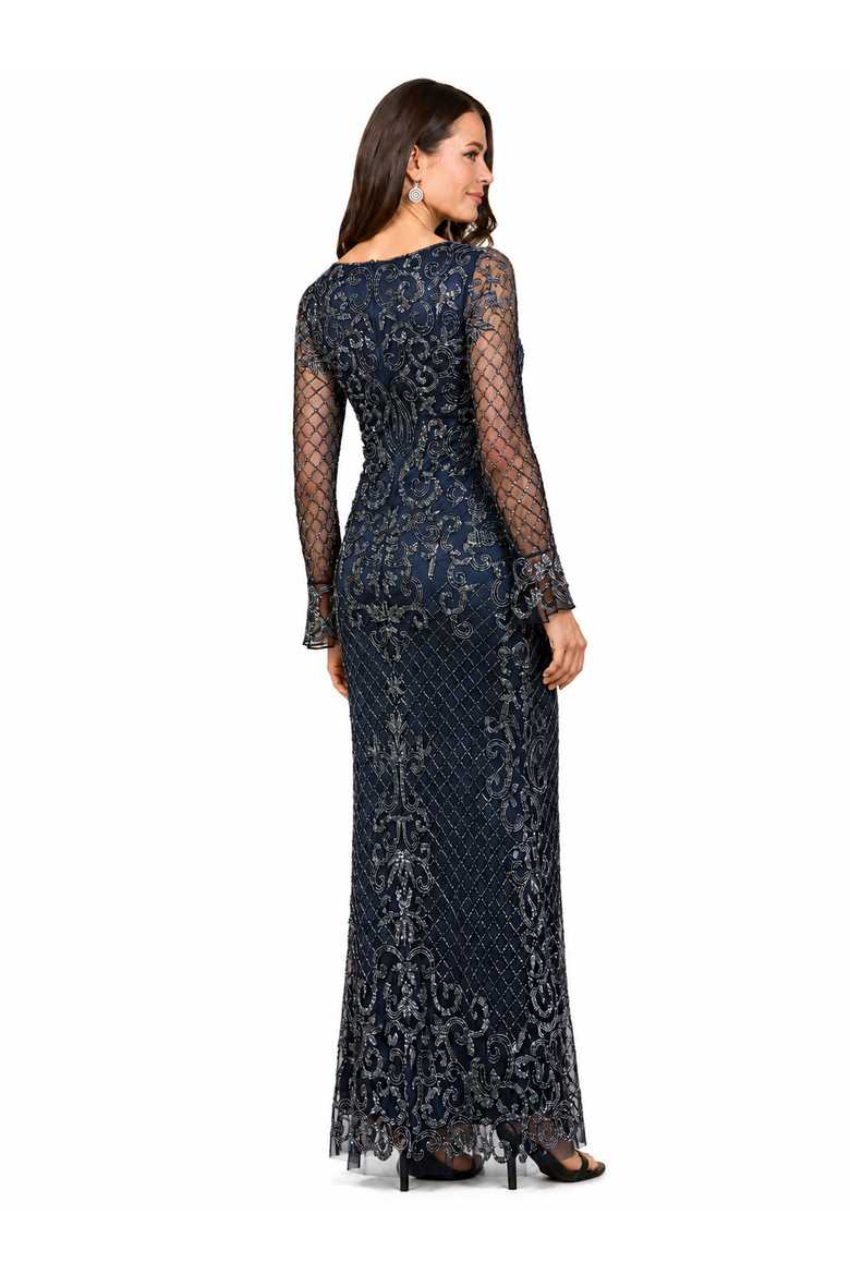 Beaded Long Sleeve V-Neck Gown, Alternate, color, Navy
