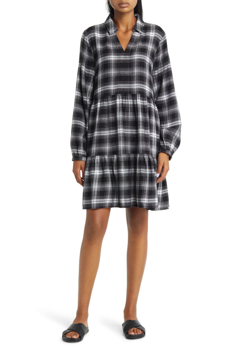 Plaid Long Sleeve Tiered Dress, Main, color, WINTER STORM