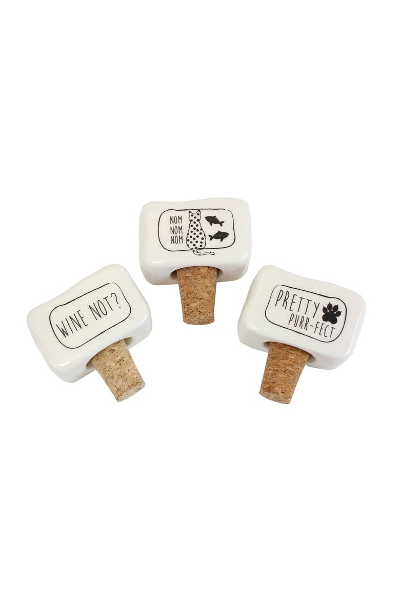 Kitty Cat Ceramic Set of 3 Top Bottle Cork Stops 2.5", Main, color, White