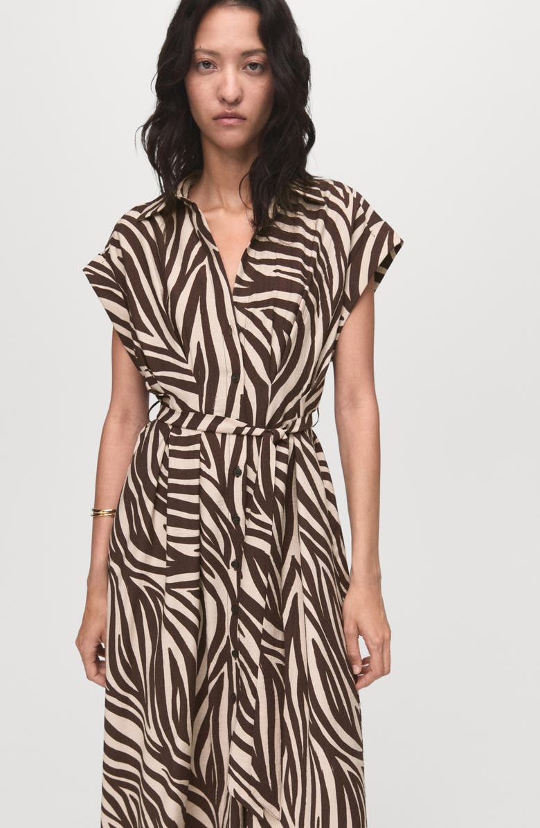 MANGO Print Tie Waist Shirtdress, Alternate, color, Chocolate