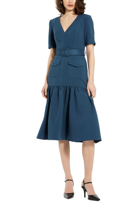Crepe 3/4 Sleeve Belted and Pocketed Midi Dress