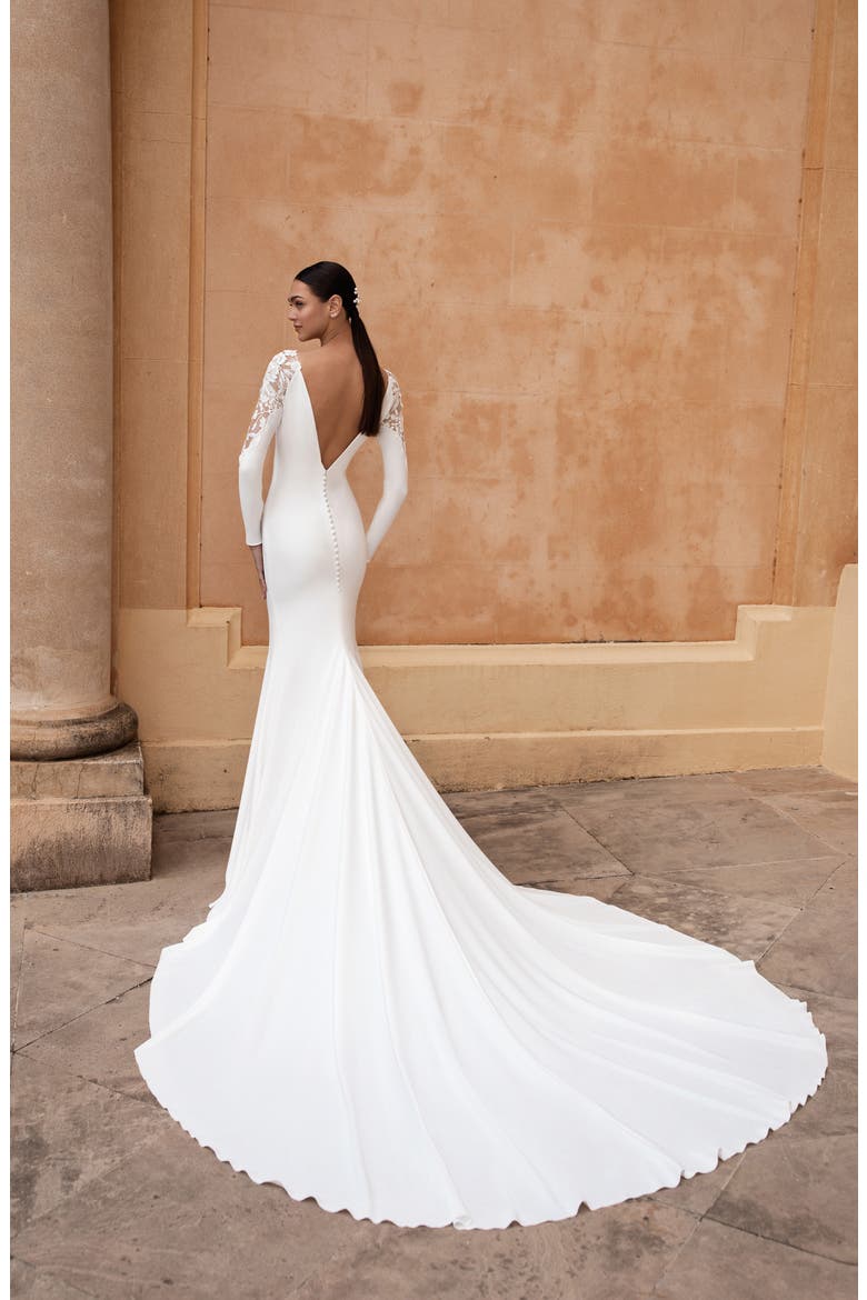 Frostia Lace Shoulder Long Sleeve Crepe Trumpet Wedding Dress, Alternate, color, OFF WHITE
