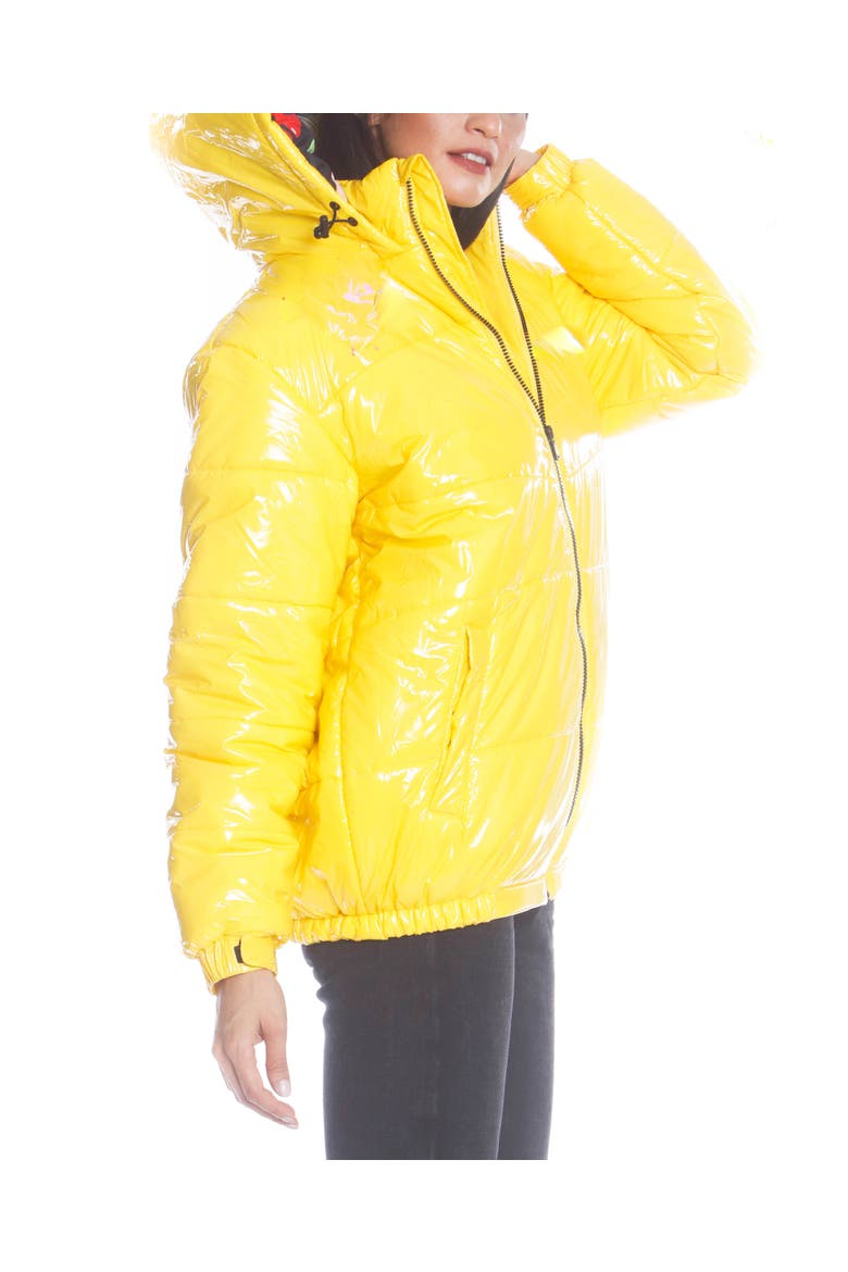 Women's Hi-Shine Chevron Quilt Puffer with Nickelodeon Mashup Print Lining Jacket, Alternate, color, Yellow