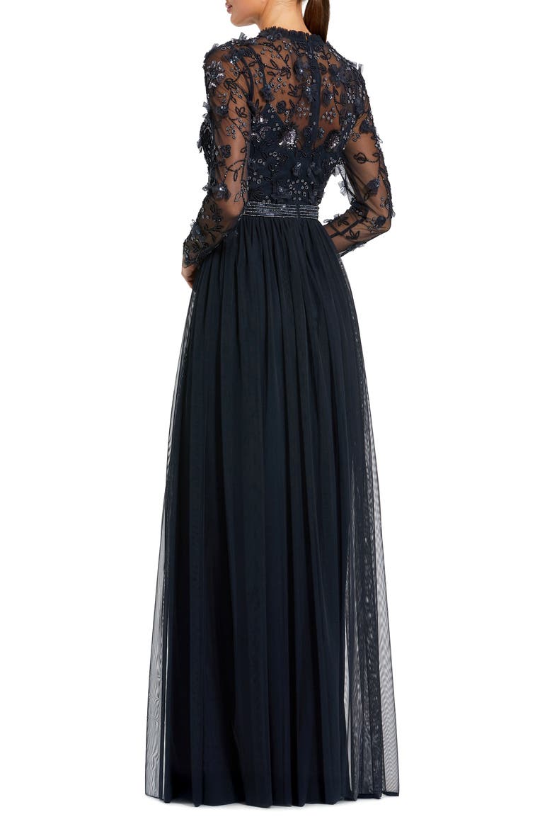 Petite Embellished Illusion High Neck Long Sleeve Gown, Alternate, color, Midnight