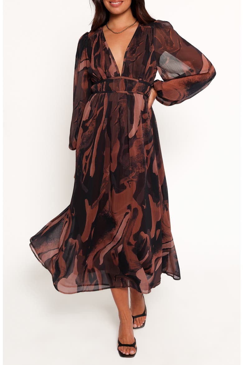 Blayze Long Sleeve Maxi Dress, Main, color, BROWN PRINT