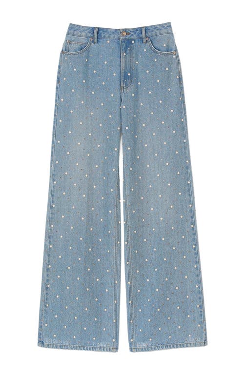 Sandro Womens Rhinestone-embellished Wide-leg Mid-rise Denim Jeans Bleus In Blue Jean