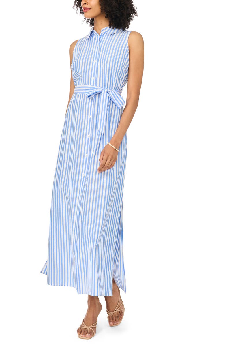 Vince Camuto Stripe Sleeveless Maxi Shirtdress, Main, color, Blue Cloud