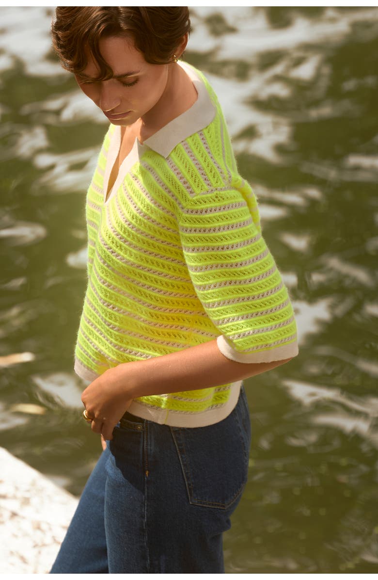 Brodie Pure Cashmere Suzie Stitch 100% Cashmere Polo Top, Alternate, color, Neon Yellow