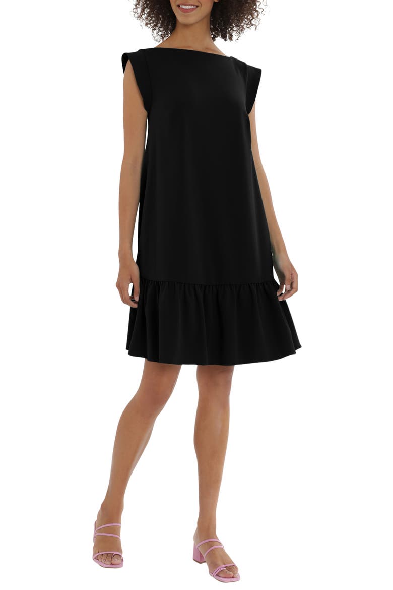 Boatneck Cap Sleeve Ruffle Hem Crepe Shift Dress, Main, color, BLACK