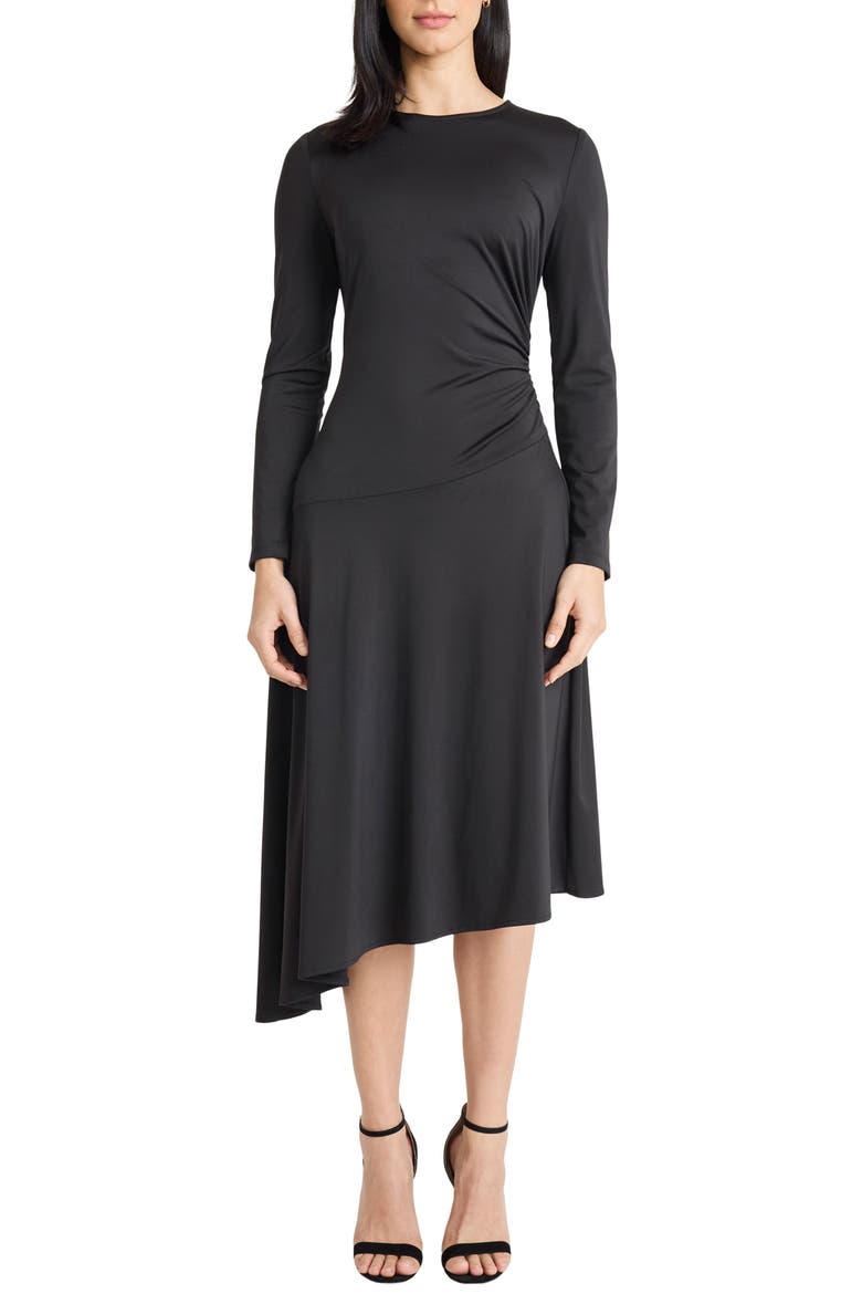 Long Sleeve Asymmetric Hem Midi Dress, Main, color, BLACK