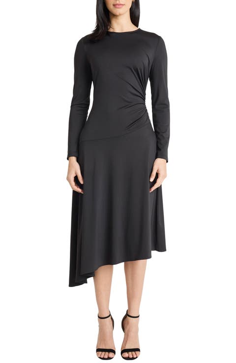 Long Sleeve Asymmetric Hem Midi Dress