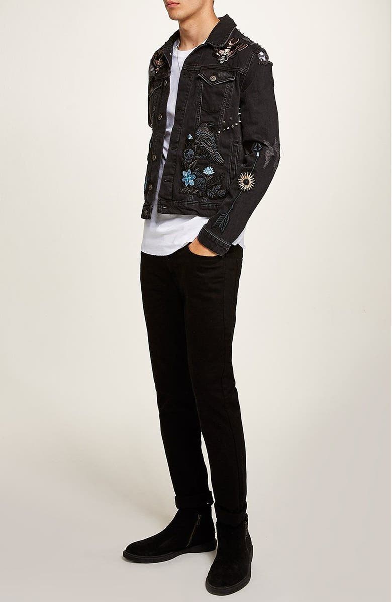 Topman Sleepy Hollow Slim Fit Denim Jacket with Patches, Alternate, color, 