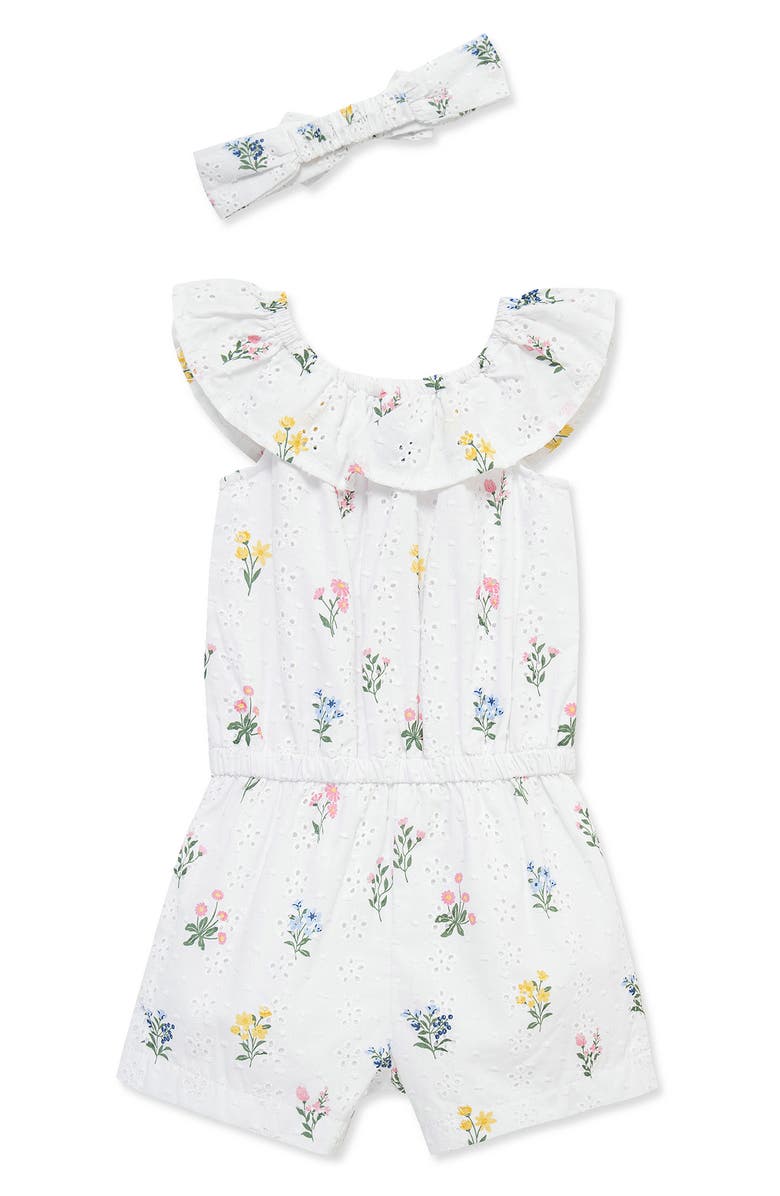 Little Me Garden Eyelet Cotton Romper & Headband, Alternate, color, Floral