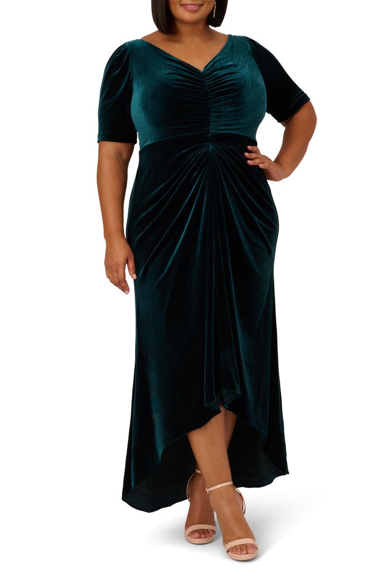 Adrianna Papell Ruched Velvet High-Low Gown, Main, color,