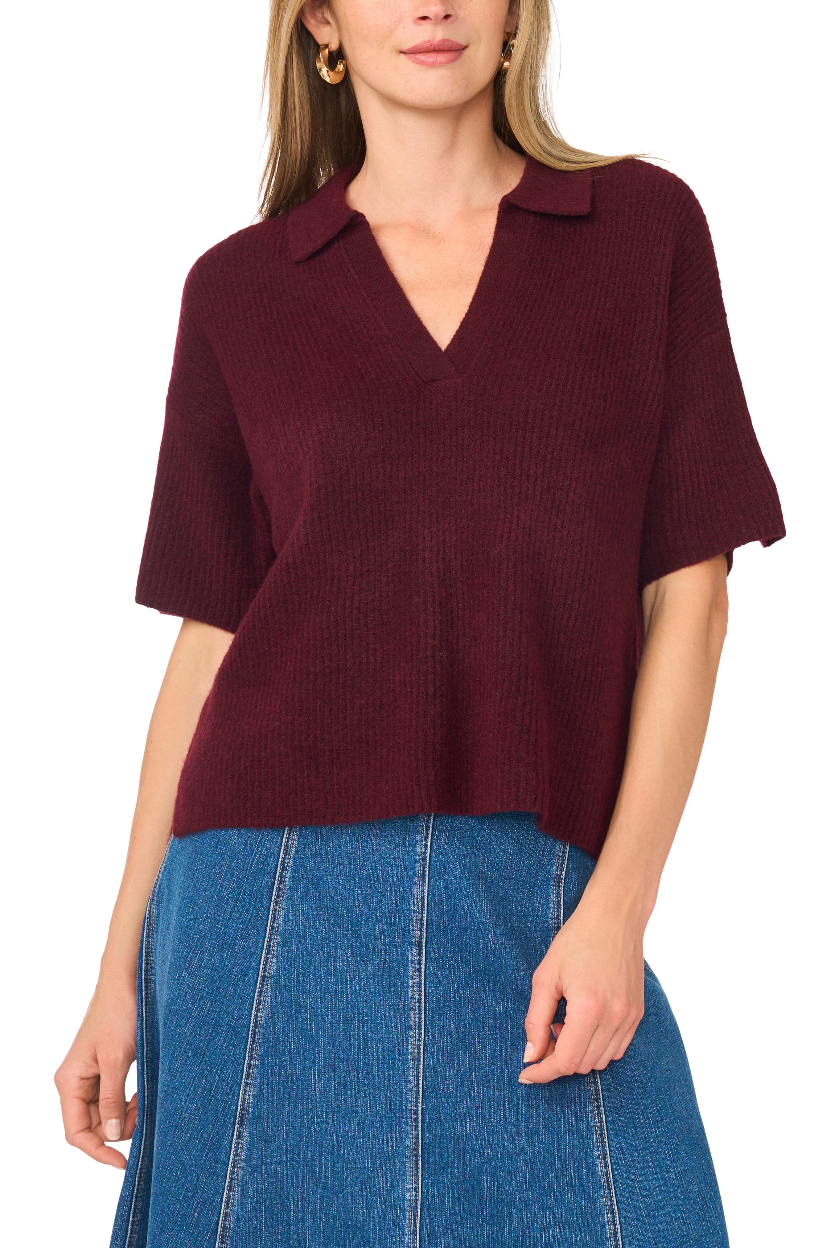 Short Sleeve Johnny Collar Sweater
