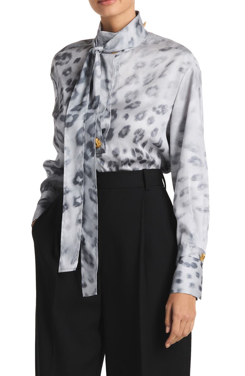 St. John Collection Painted Leopard Print Tie Neck Blouse, Alternate, color, 