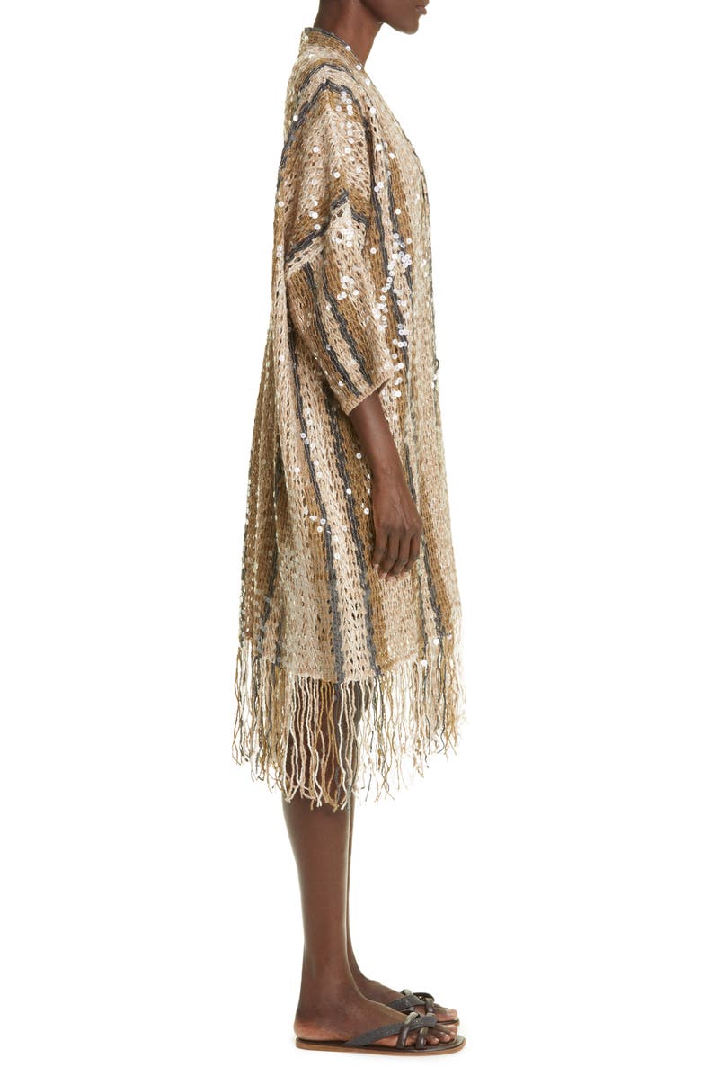 Brunello Cucinelli Sequin Stripe & Fringe Open Front Ruana, Alternate, color, 