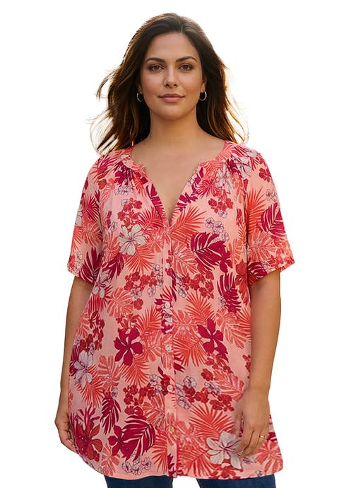 Plus Size Angelina Crinkle Crepe Y-Neck Short Sleeve Tunic (Plus)