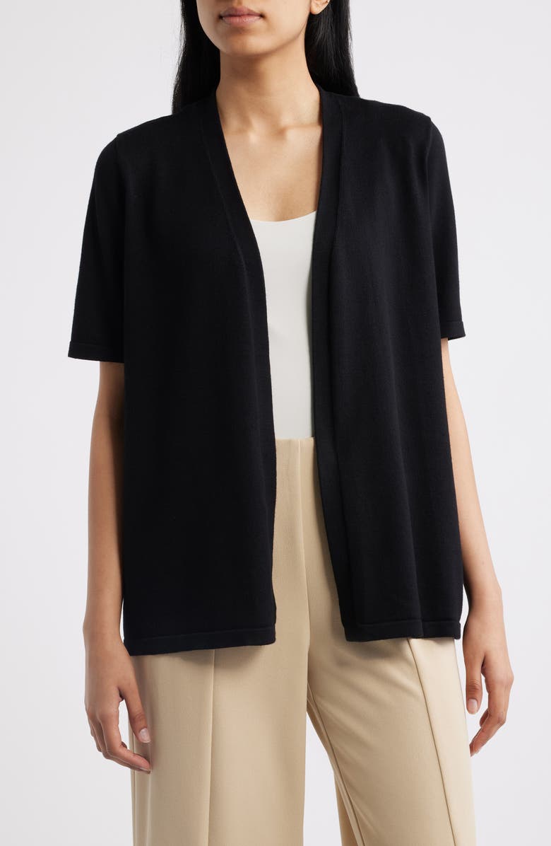 AK ANNE KLEIN Newport Open Front Elbow Sleeve Cardigan, Main, color, Anne Black