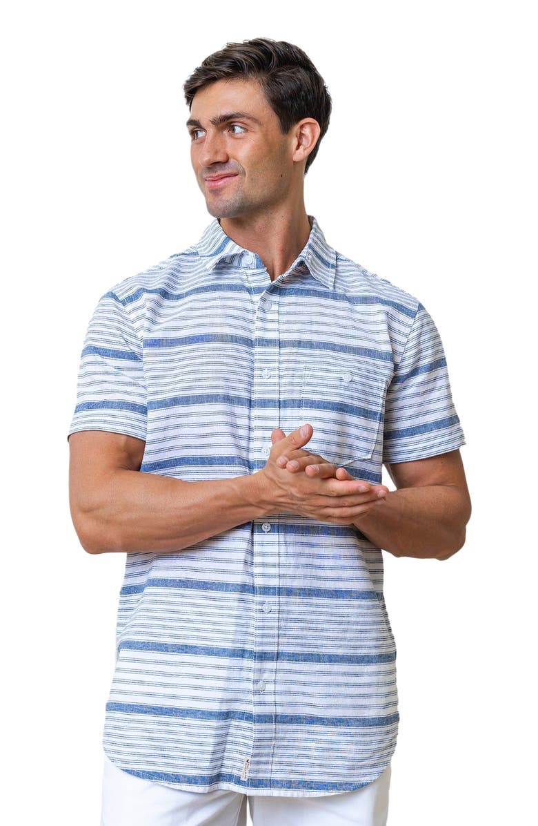 Hope & Henry Men's Linen Short Sleeve Button Down Shirt, Main, color, Dark Blue Variegated Stripe