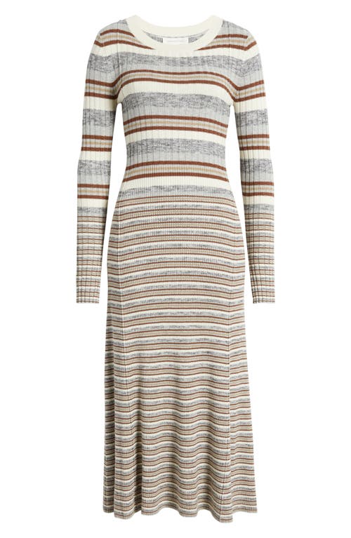 Treasure & Bond Stripe Long Sleeve Rib Midi Sweater Dress In Grey- Brown Vary Stripe