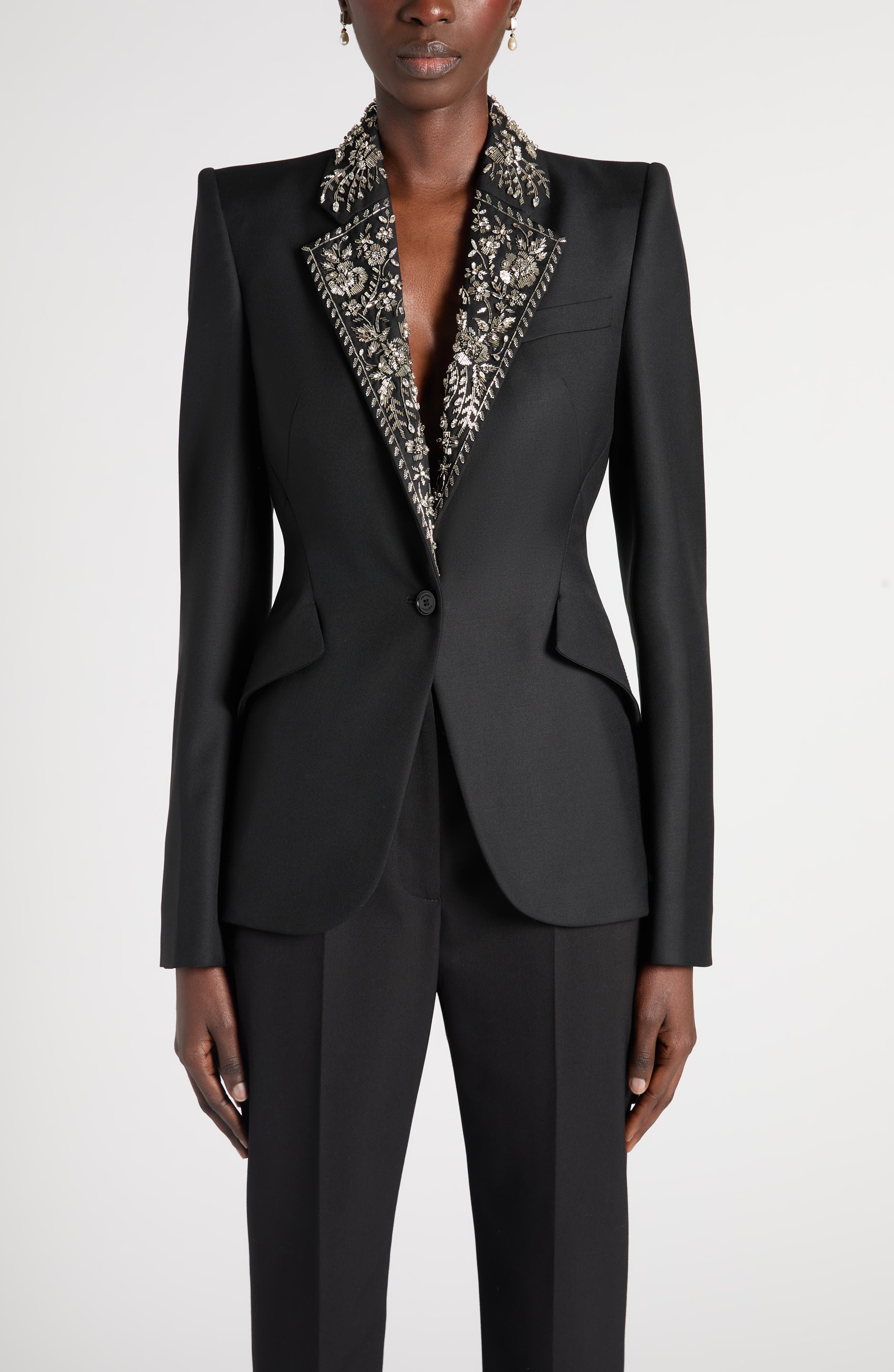 Alexander Mcqueen Mcqueen Embroidered Lapel Single-breasted Wool Jacket In Black
