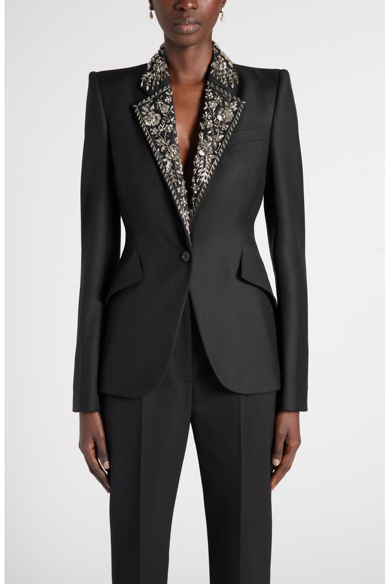 Embroidered Lapel Single-Breasted Wool Jacket, Main, color, BLACK