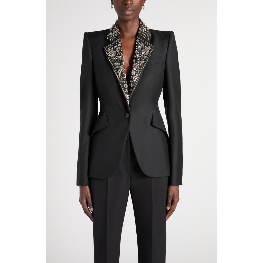 Alexander Mcqueen Mcqueen Embroidered Lapel Single-breasted Wool Jacket In Black