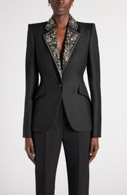 McQueen Embroidered Lapel Single-Breasted Wool Jacket