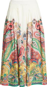 Etro Paisley Pleated Cotton Voile Midi Skirt