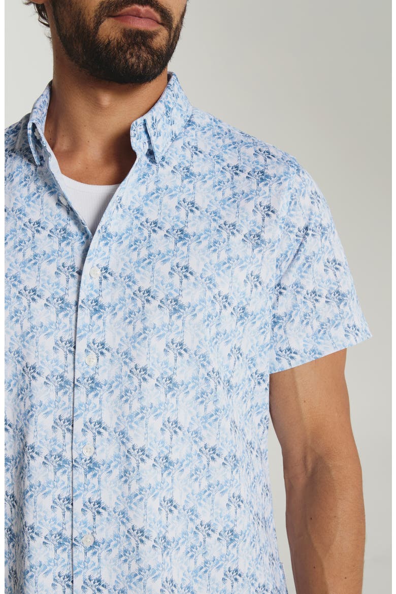 Palmline Tree Print Short Sleeve Stretch Button-Up Shirt, Alternate, color, LIGHT BLUE