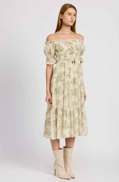 En Saison Leighton Toile Print Off The Shoulder Midi Dress In Cream Olive
