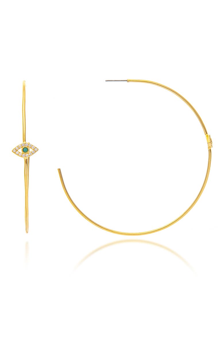18K Yellow Gold Clad Pavé Crystal Evil Eye Hoop Earrings, Main, color, 18K GOLD CLAD/ BLUE CRYSTAL